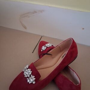 TOP Moda Burgundy Suede Flats with Crystal Accent